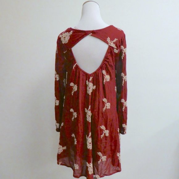 FREE PEOPLE red EMBROIDERED EMMA open back SWING long sleeve mini tunic DRESS M - Picture 4 of 7